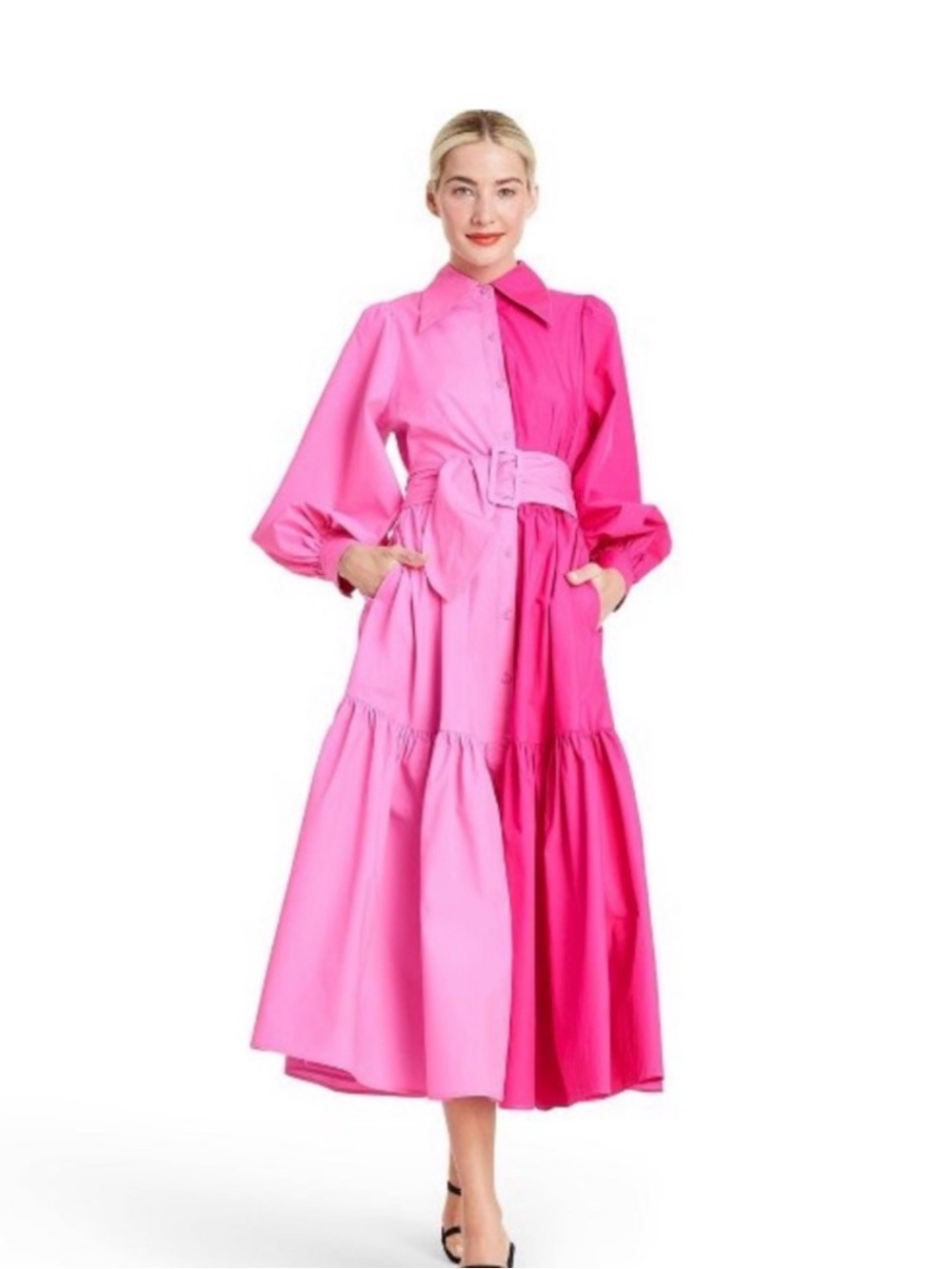 Christopher John Rogers Two-Tone Pink Maxi Shirt Dress with Belt